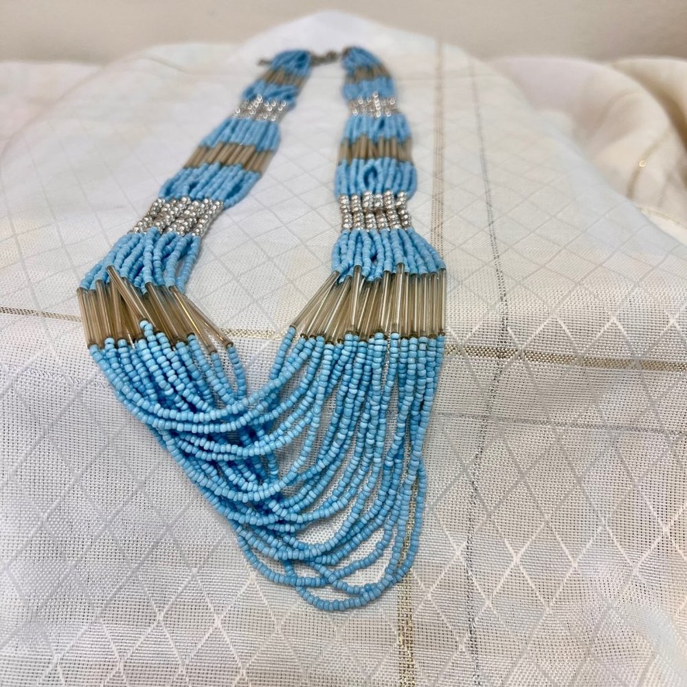 Vintage Native Blue Seed Bead Statement Necklace, Blue Beaded Necklace, Handmade - Picture 2 of 14